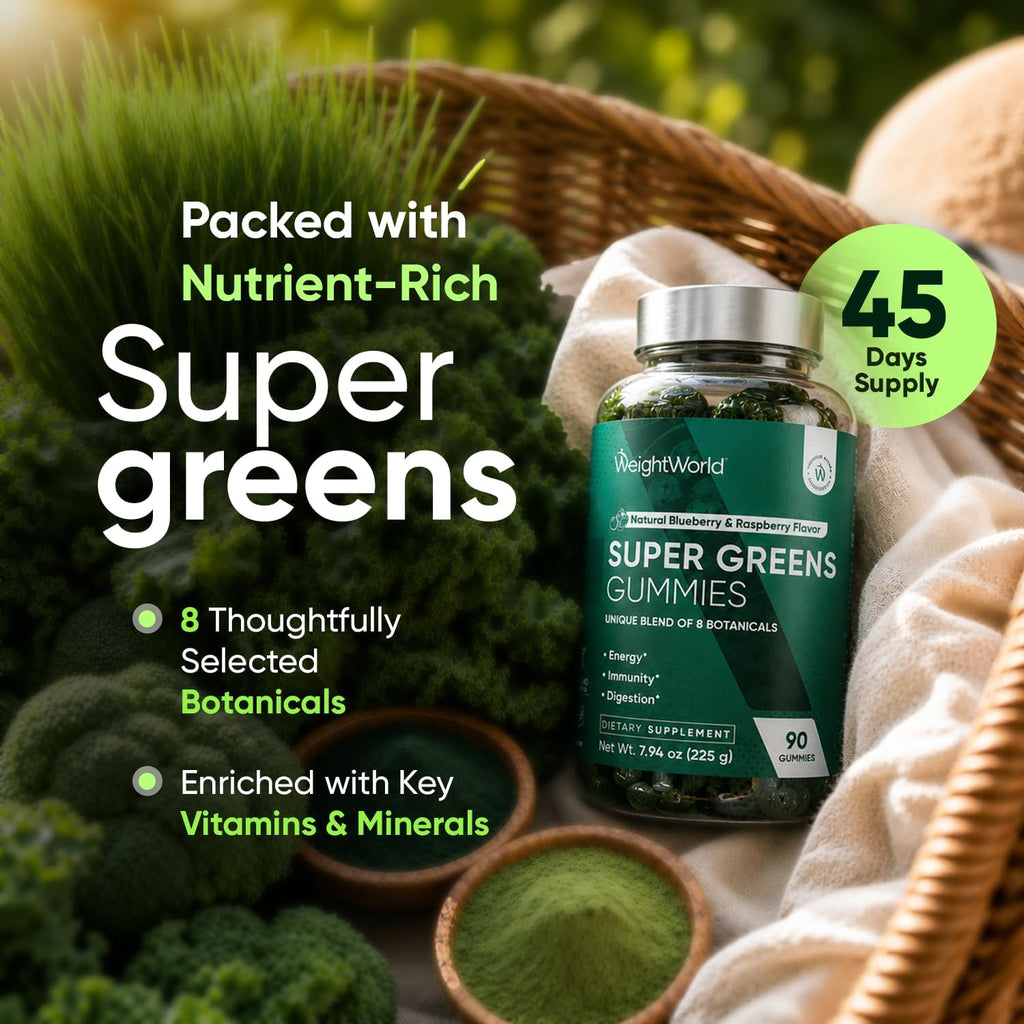 WeightWorld Super Greens Gummies - Energía, Inmunidad y Salud Digestiva - 90 Gominolas Veganas de Superalimentos