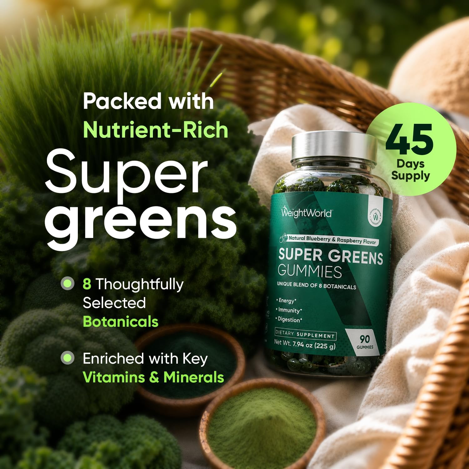 WeightWorld Super Greens Gummies - Energía, Inmunidad y Salud Digestiva - 90 Gominolas Veganas de Superalimentos