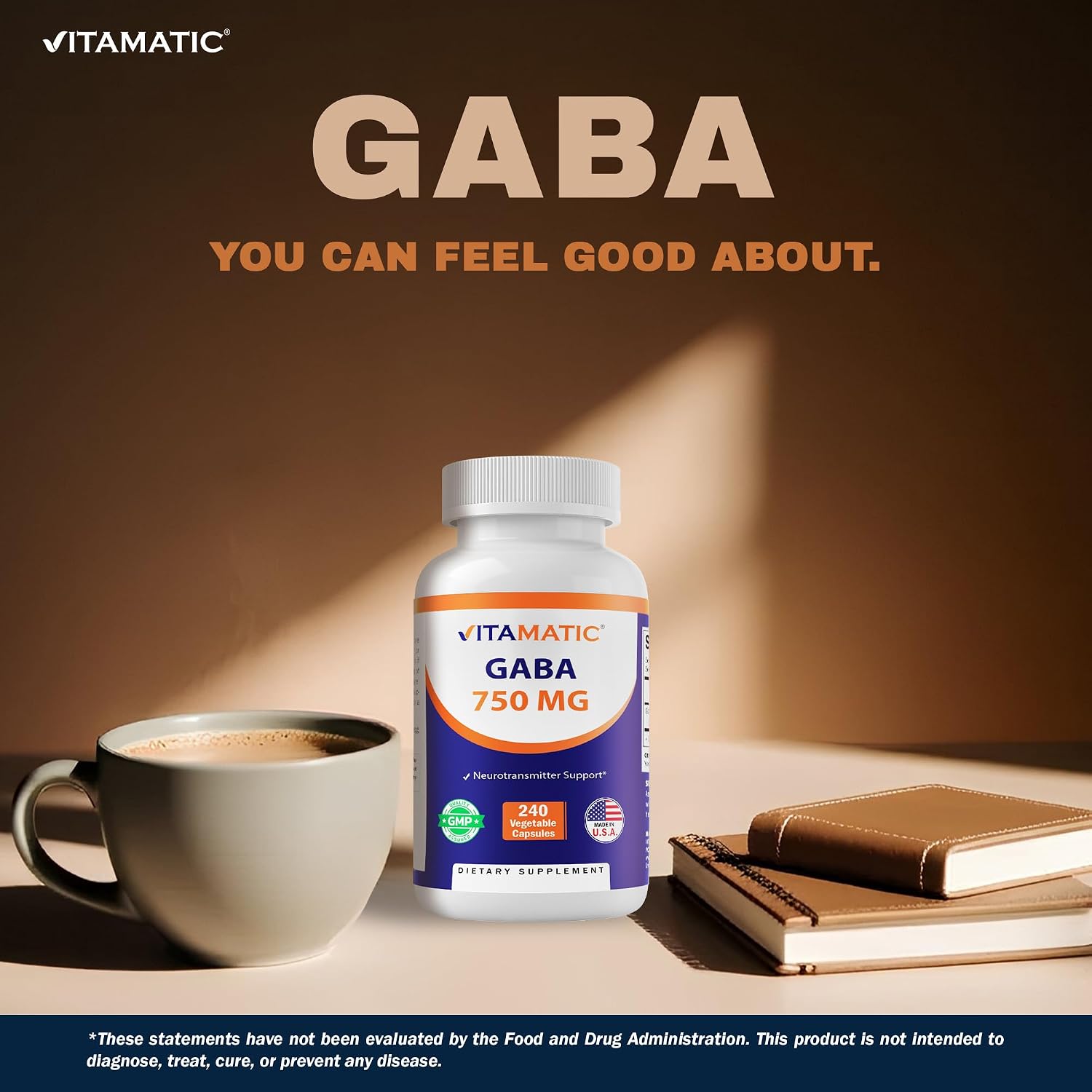 Vitamatic GABA (Ácido Gamma-Aminobutírico) 750mg, 240 Cápsulas Vegetales - No-GMO, Sin Gluten