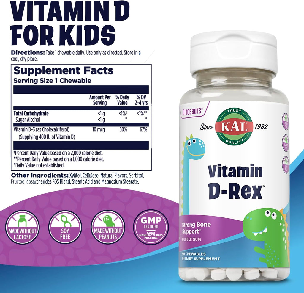 KAL Vitamin D-Rex Chewable for Kids, Vitamin D3 400 IU, Bubblegum Flavored, 90 Dinosaur Shaped Tablets