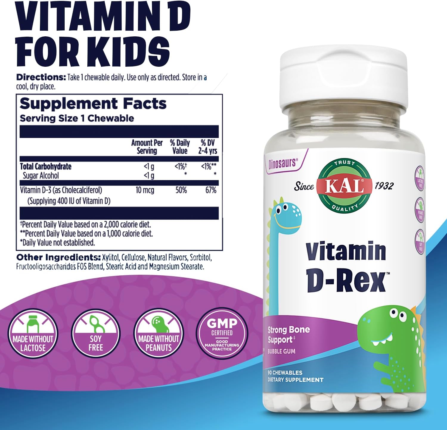 KAL Vitamin D-Rex Chewable for Kids, Vitamin D3 400 IU, Bubblegum Flavored, 90 Dinosaur Shaped Tablets