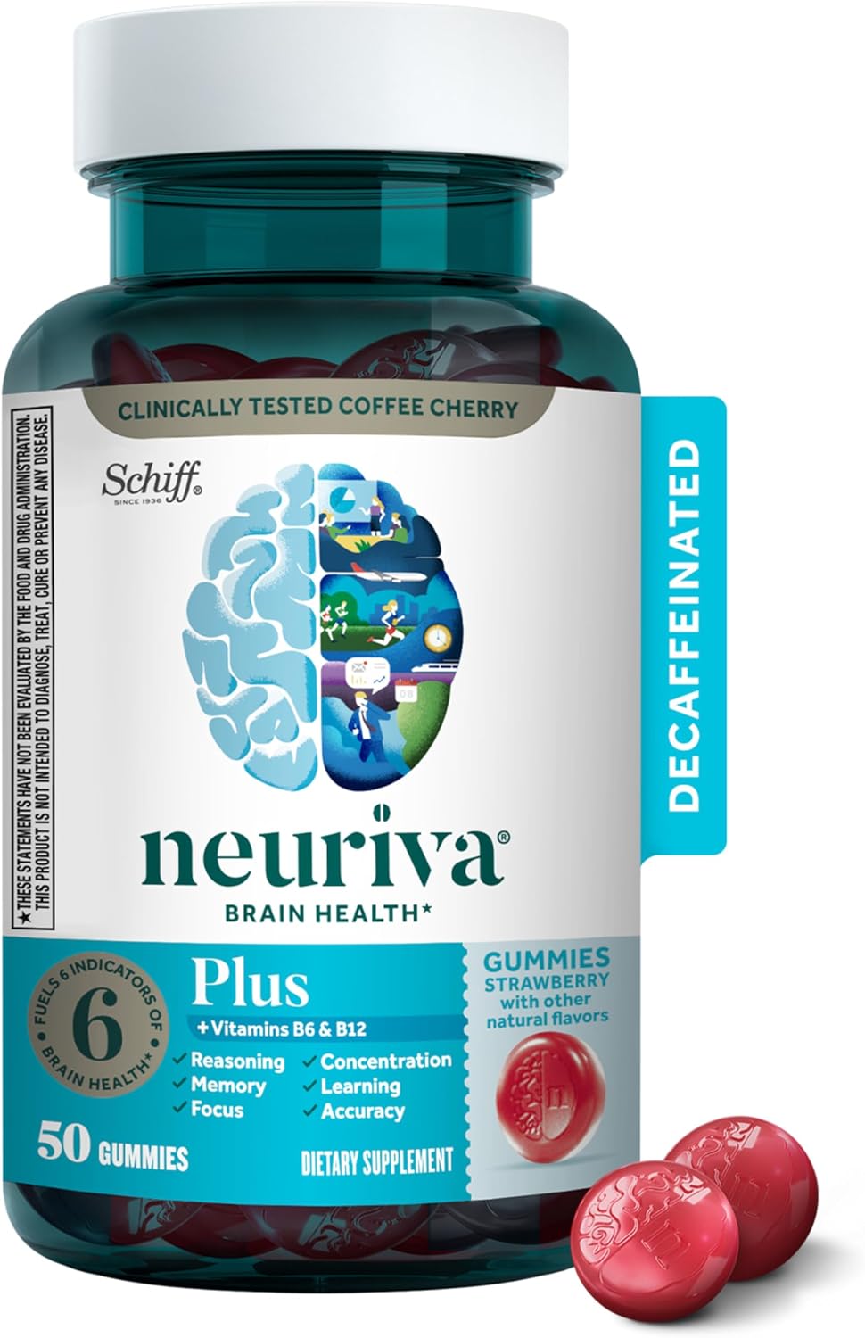 NEURIVA Plus Gomitas para Memoria y Concentración con Neurofactor, Fosfatidilserina, Vitaminas B6 y B12 - 50 Gomitas Sabor Fresa