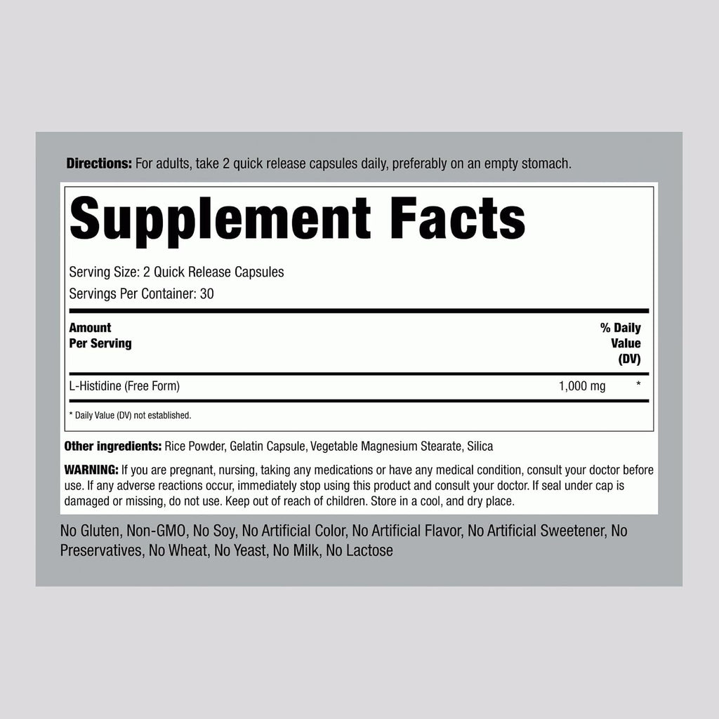 Piping Rock L-Histidina 1000 mg | 60 Cápsulas | Suplemento de Aminoácido Esencial Sin OGM y Sin Gluten