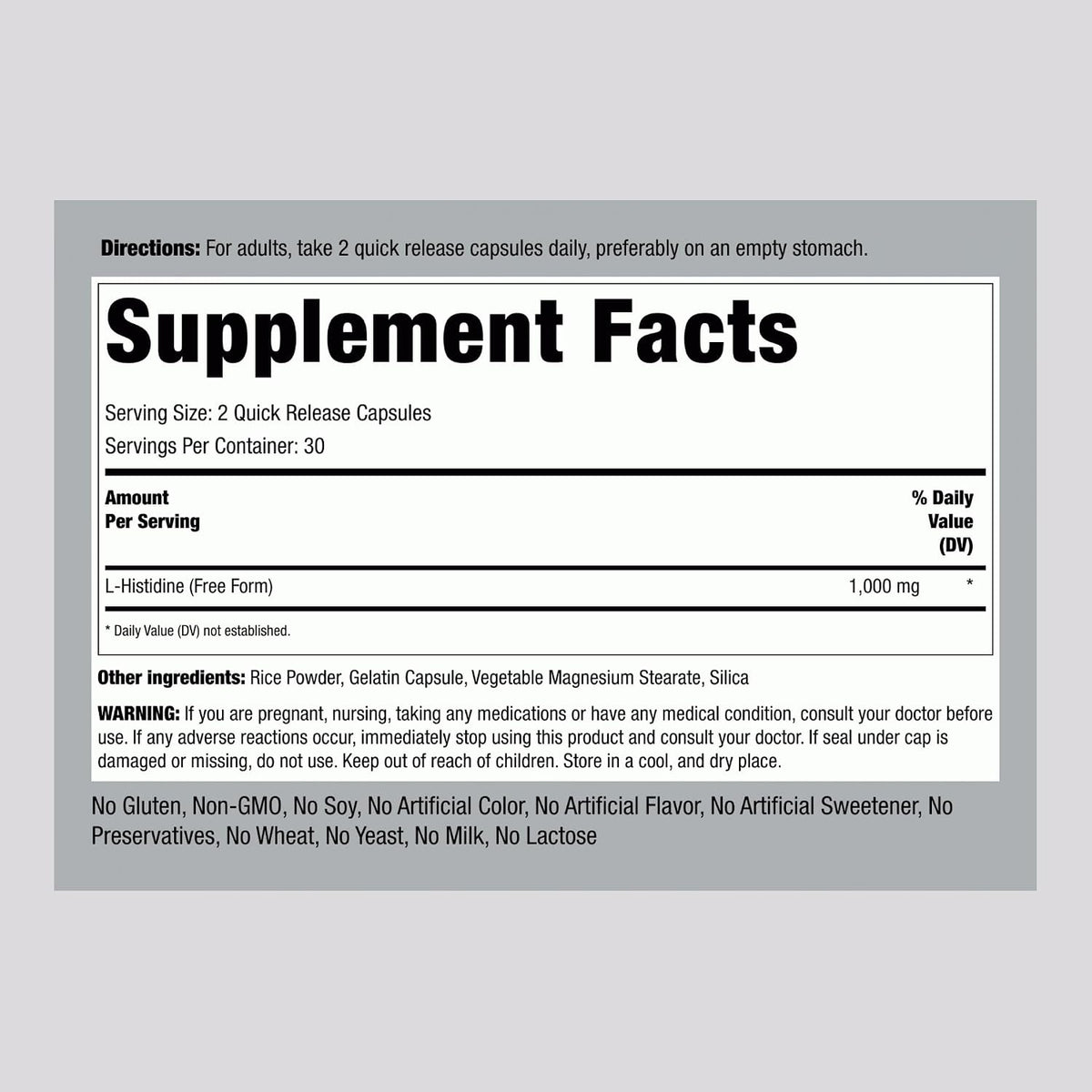Piping Rock L-Histidina 1000 mg | 60 Cápsulas | Suplemento de Aminoácido Esencial Sin OGM y Sin Gluten – Image 2