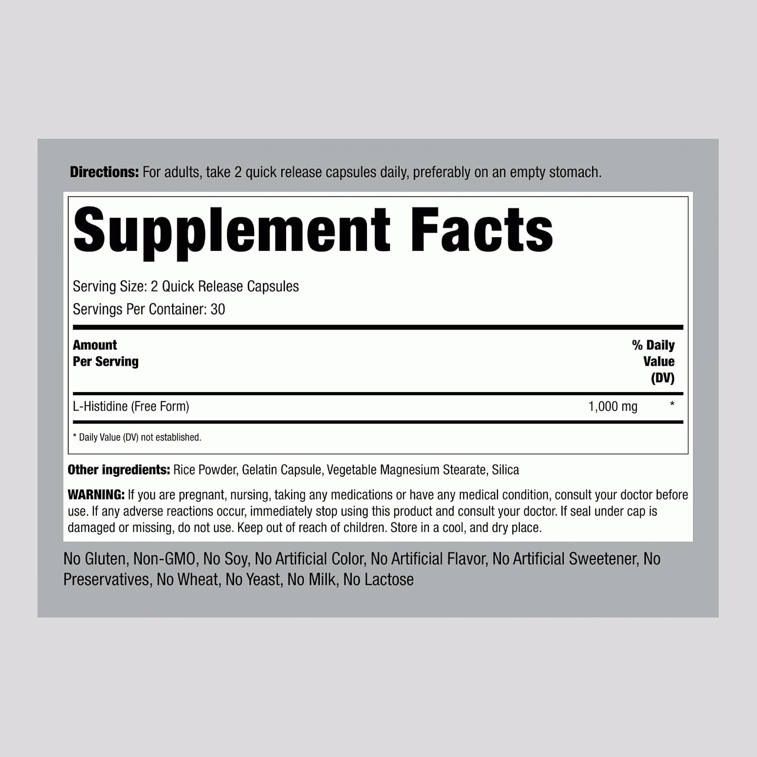 Piping Rock L-Histidina 1000 mg | 60 Cápsulas | Suplemento de Aminoácido Esencial Sin OGM y Sin Gluten