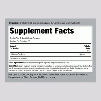 Piping Rock L-Histidina 1000 mg | 60 Cápsulas | Suplemento de Aminoácido Esencial Sin OGM y Sin Gluten – Image 2