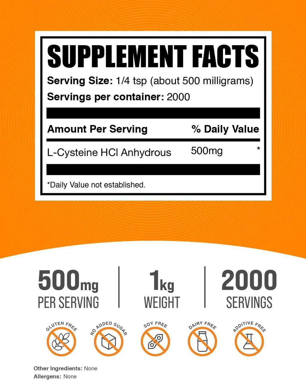 L-Cisteína HCl en Polvo - Complemento de Aminoácido - 500mg por Ración, 1 kg (2.2 lbs) - Sin Gluten