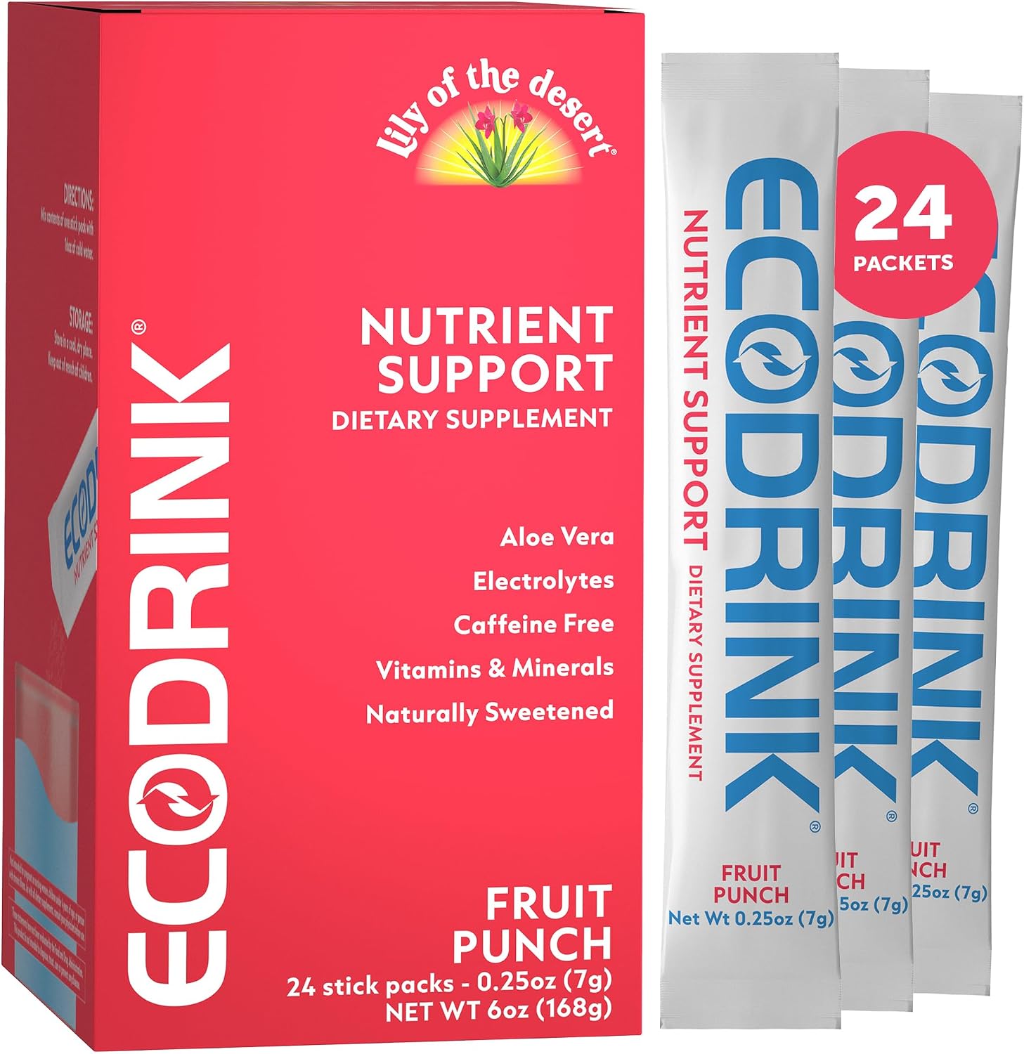 EcoDrink Hydration Packs with Nutritional Support, Peach Mango – Multivitamin Blend with Electrolytes & Aloe, 24 Packets