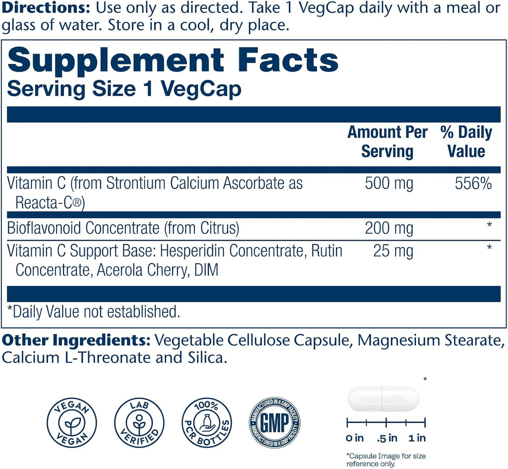 Solaray Reacta-C Vitamin C 500mg - 180 Vegan Capsules - Immune & Antioxidant Support