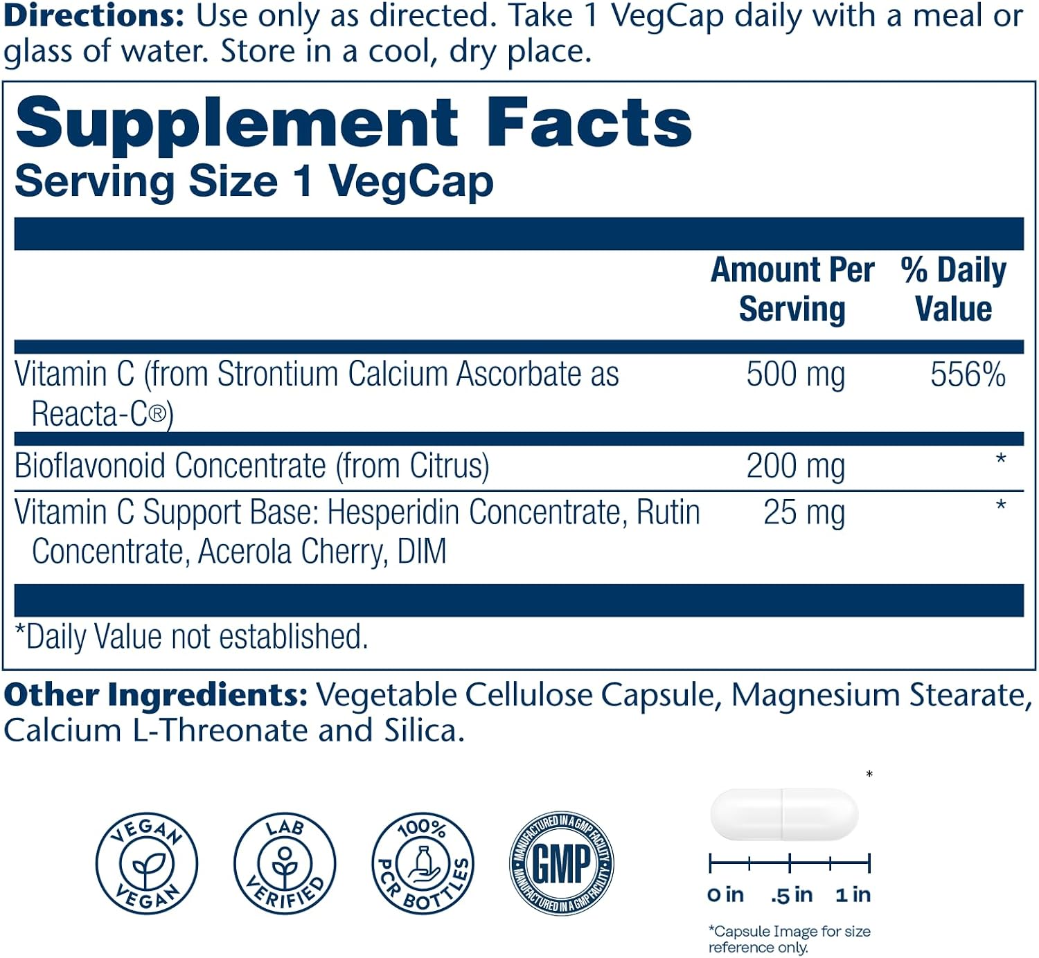 Solaray Reacta-C Vitamin C 500mg - 180 Vegan Capsules - Immune & Antioxidant Support