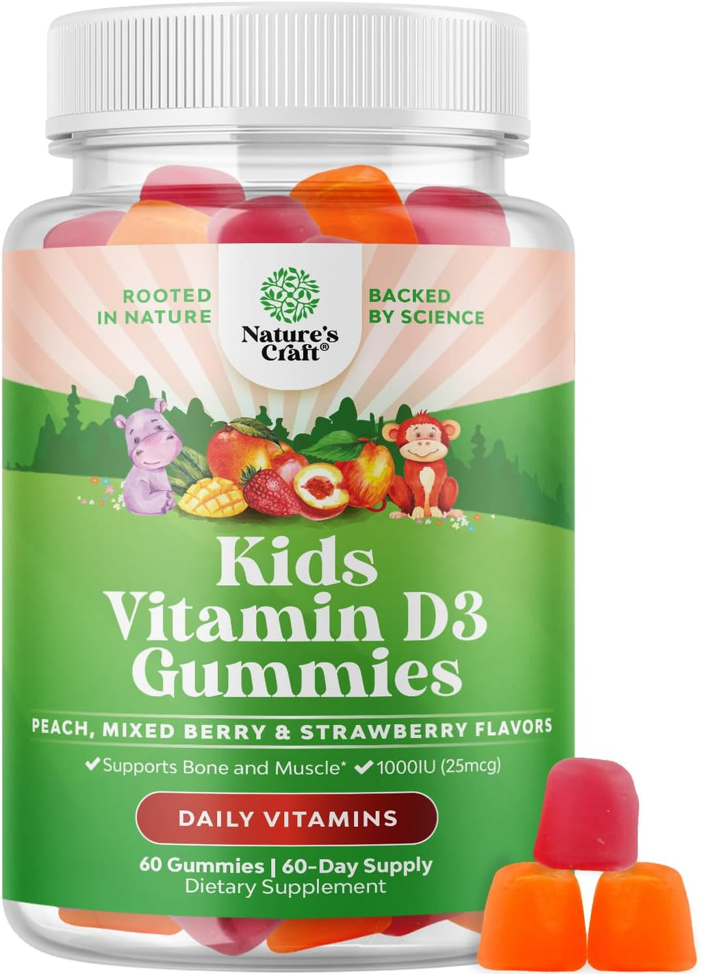 Gominolas de Vitamina D3 para Niños - 1000 UI por Ración - Sabores Frutales Sin Gelatina - 60 Unidades
