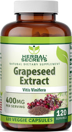 Herbal Secrets Extracto de Semilla de Uva 400 mg - 120 Cápsulas Vegetales - No-GMO - Sin Gluten