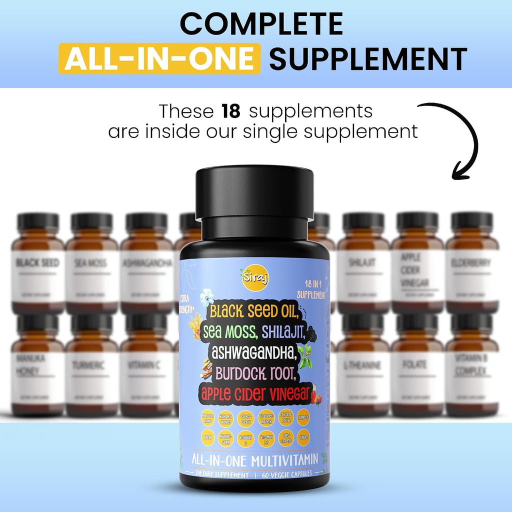 Siraj 18-en-1 Multivitamínico Superfood - Irish Sea Moss, Aceite de Semilla Negra, Shilajit, Ashwagandha - 60 Cápsulas