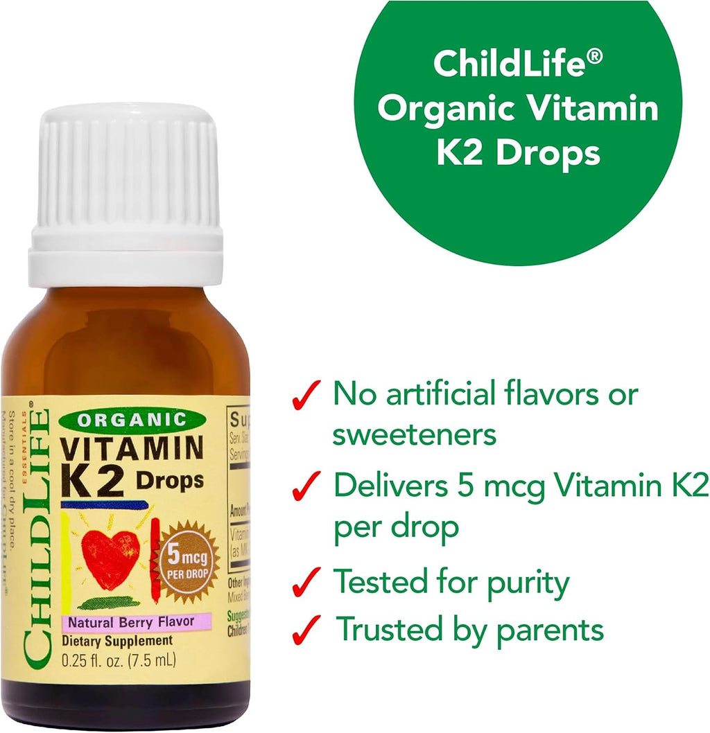 ChildLife Essentials Vitamina K2 Orgánica en Gotas - Complemento de Vitamina K para Bebés y Niños - Sabor Natural a Bayas - 0,25 oz (7,4 ml)
