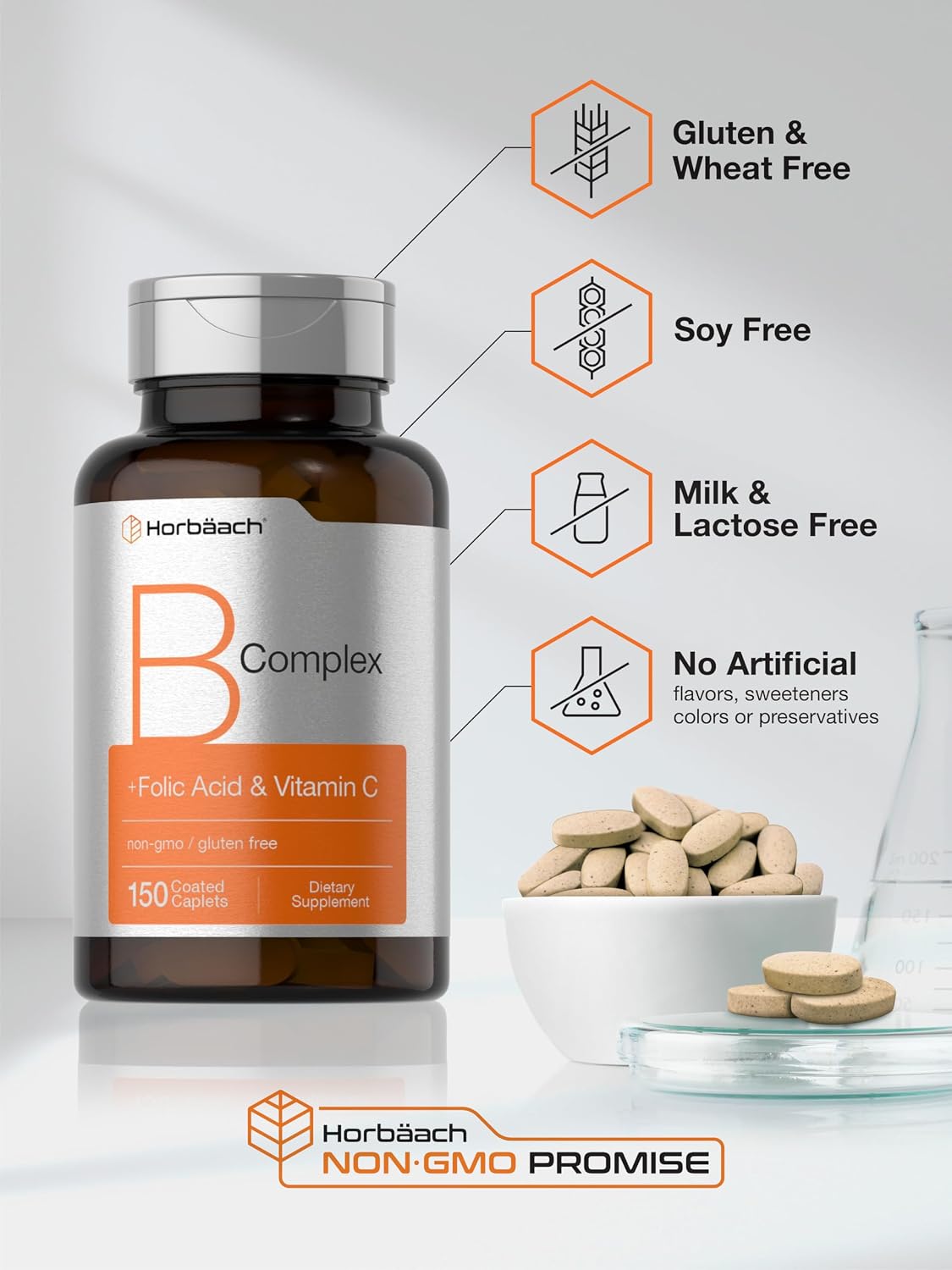 Horbaach Complejo B para Mujeres y Hombres | 150 Comprimidos | con Ácido Fólico y Vitamina C | Suplemento Sin Gluten y No Transgénico