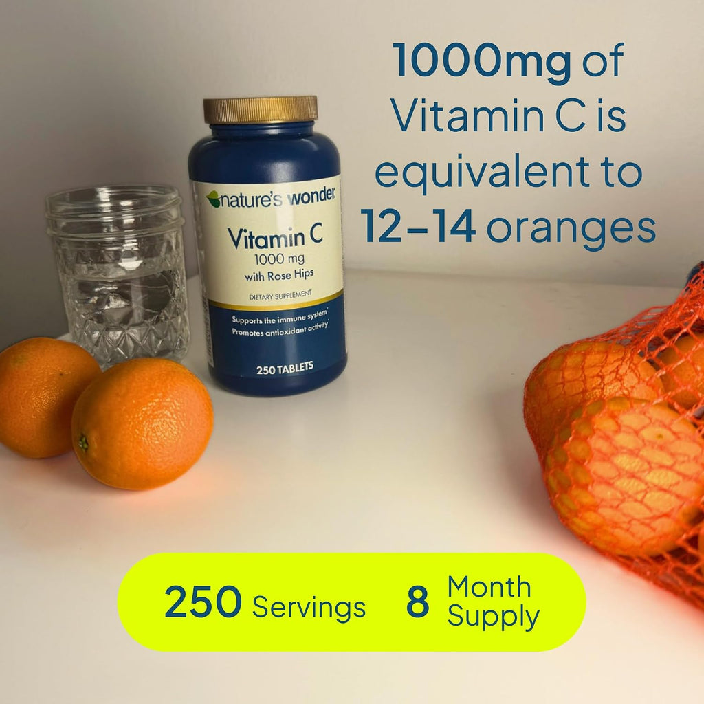 Nature's Wonder Vitamina C 1000mg con Rosa Mosqueta - Suplemento de Alta Potencia para el Apoyo Inmunológico y Antioxidante Diario, Salud del Corazón y la Piel, Estado de Ánimo y Recuperación - Sin Gluten - 250 Comprimidos