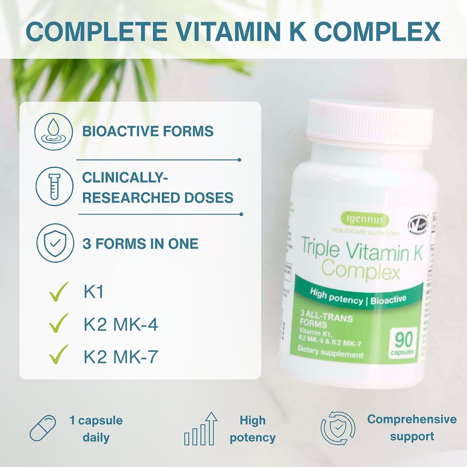 Igennus Complejo de Vitamina K de Alta Potencia, K1 y K2 (MK-4 y MK-7), 90 Cápsulas