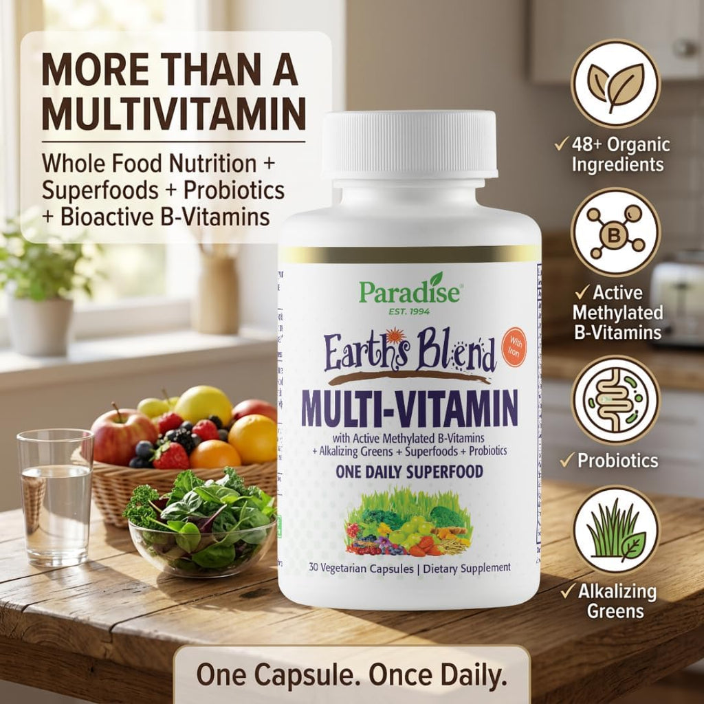 Paradise Herbs Earth's Blend Multivitamínico Diario con Hierro, 48 Superalimentos Orgánicos, Probióticos, Antioxidantes, Vitaminas A, B12, C, D, K2, 30 Cápsulas
