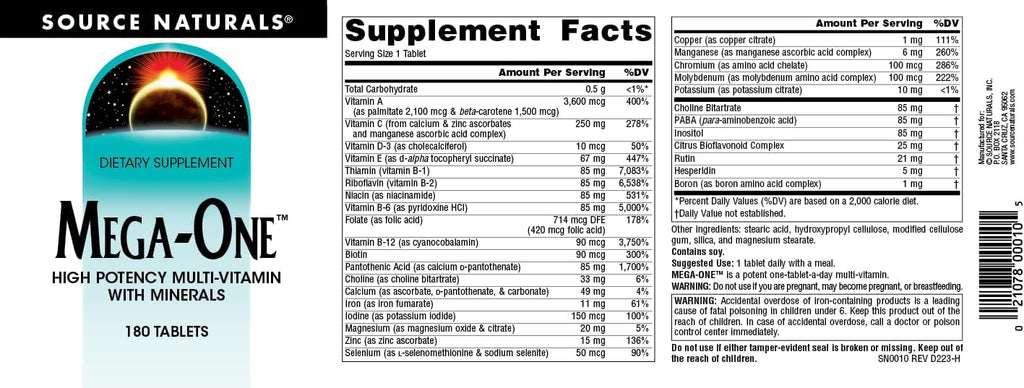 Source Naturals Mega-One Multivitamin with Minerals - 180 Tablets
