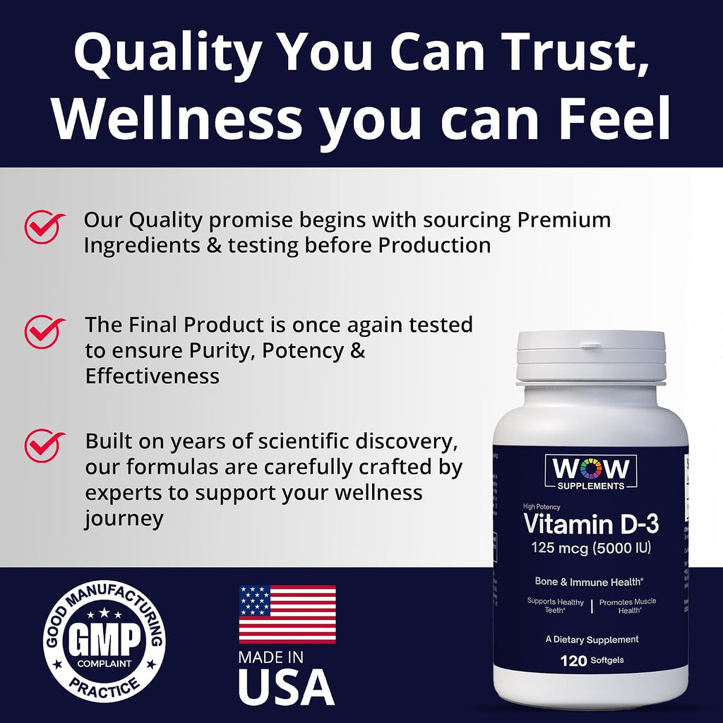 WOW Supplements Vitamina D3 5000 UI (125 mcg) 120 Cápsulas Blandas