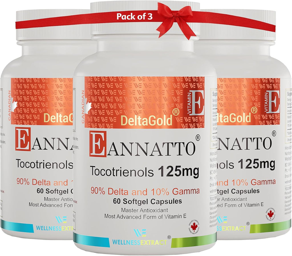 WELLNESS EXTRACT Eannatto Tocotrienols Vitamin E Supplements Tocopherol Free, Non-GMO, Gluten Free & Antioxidant 125MG 60 Softgels (Pack of 4)