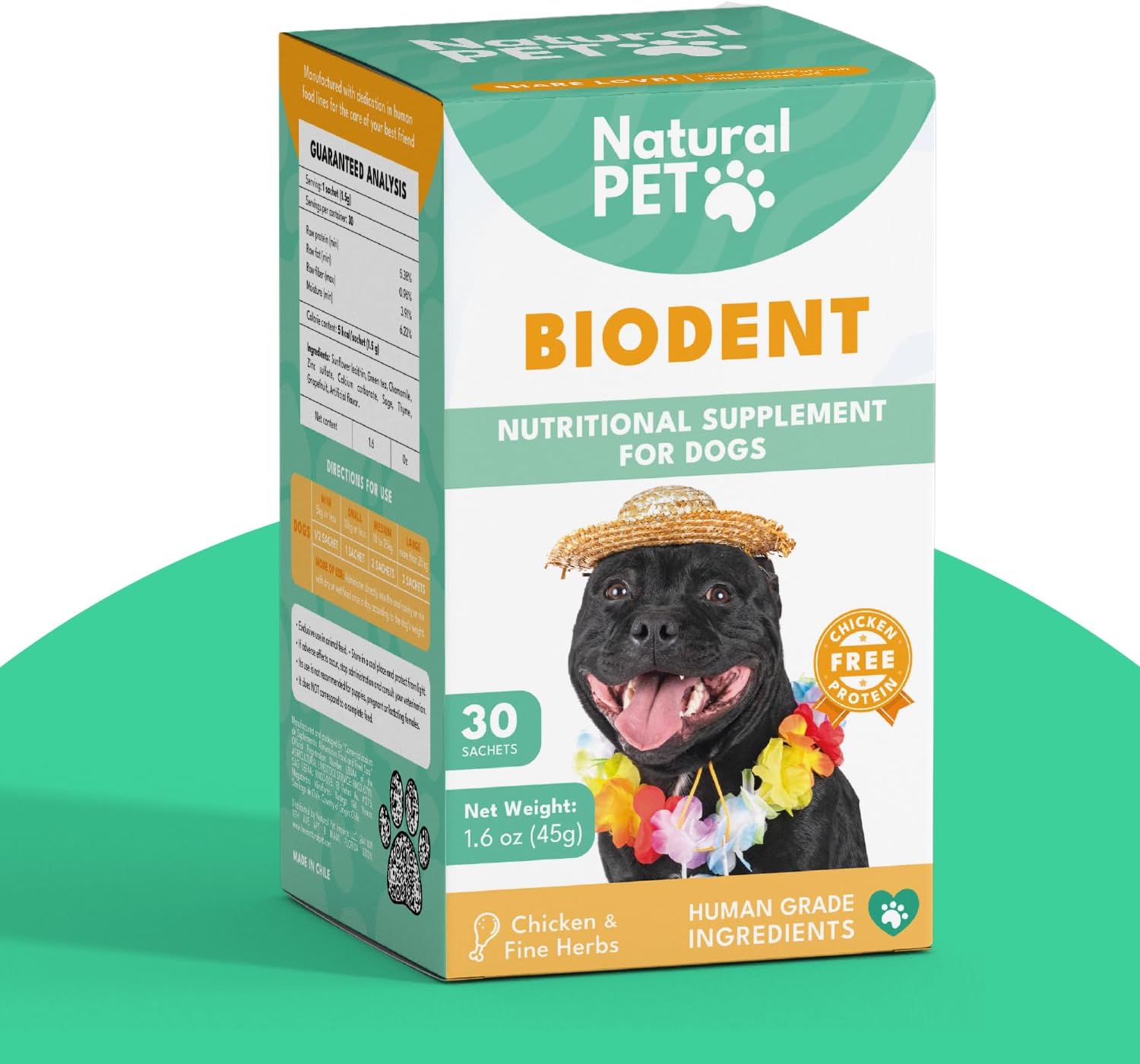 Natural PET Biodent Complemento Nutricional para Perros, Sabor Pollo y Finas Hierbas, 30 Sobres
