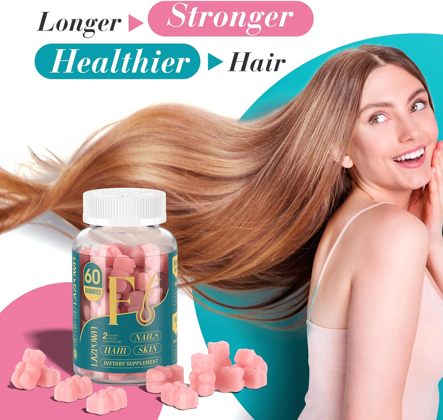 Lazpowfi Biotin Gummies - Gominolas de Biotina para Cabello, Piel y Uñas, Vegano, 60 unidades