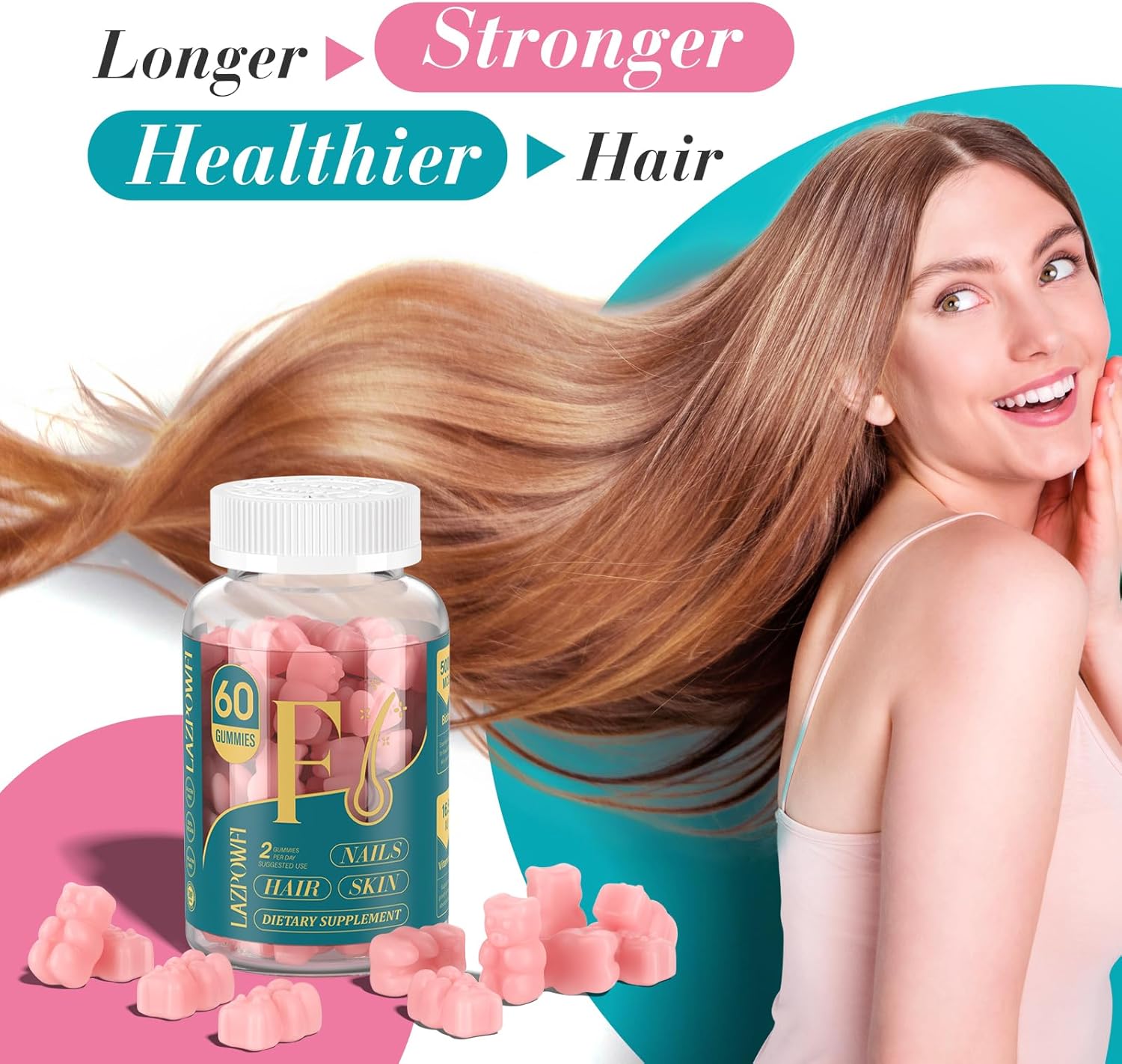 Lazpowfi Gominolas de Biotina para Cabello, Piel y Uñas - 2 Paquetes (60 Días) - Sabor Frambuesa - Vegano