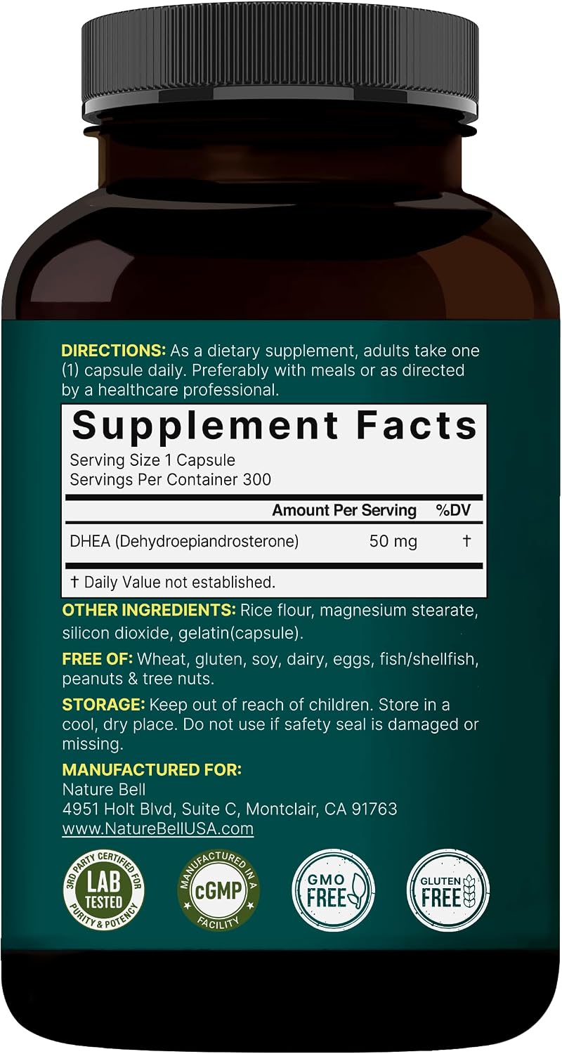 NatureBell DHEA 50mg, 300 Cápsulas - Micronizada, Origen Vegetal, Sin OMG