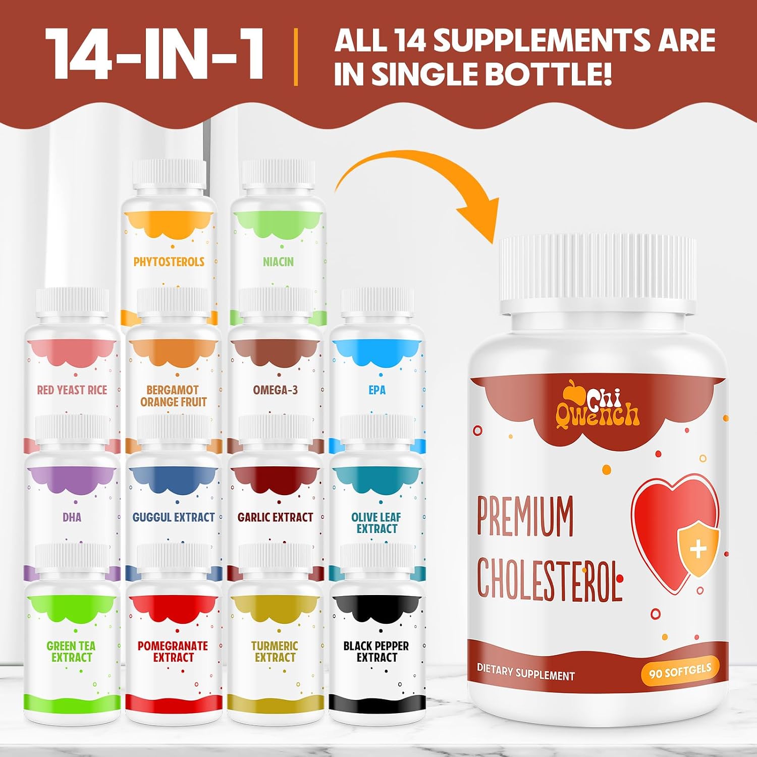 Suplemento de Colesterol 14 en 1 con Esteroles Vegetales, Niacina, Levadura de Arroz Rojo, Bergamota, Omega-3, Ajo, Guggul, Cúrcuma y Pimienta Negra - 90 Cápsulas Blandas
