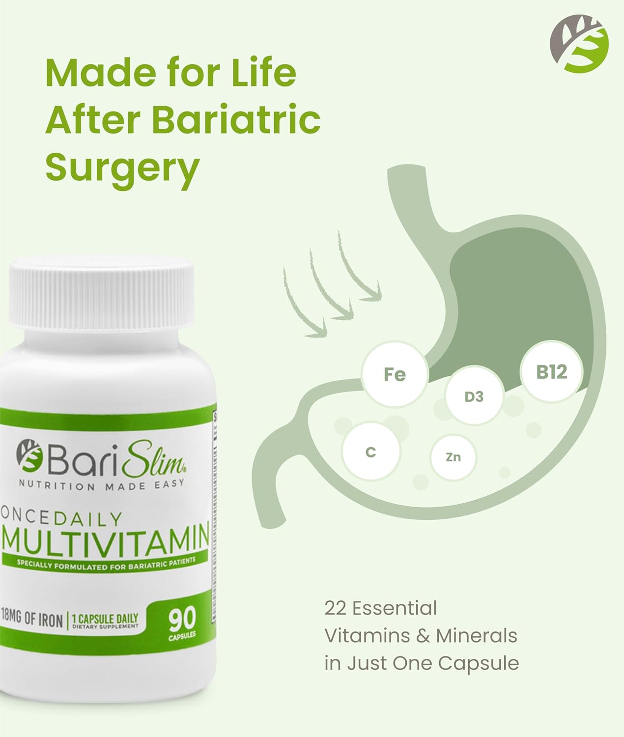 BariSlim Multivitamínico Bariátrico Una Vez al Día - 18mg de Hierro - 90 Cápsulas