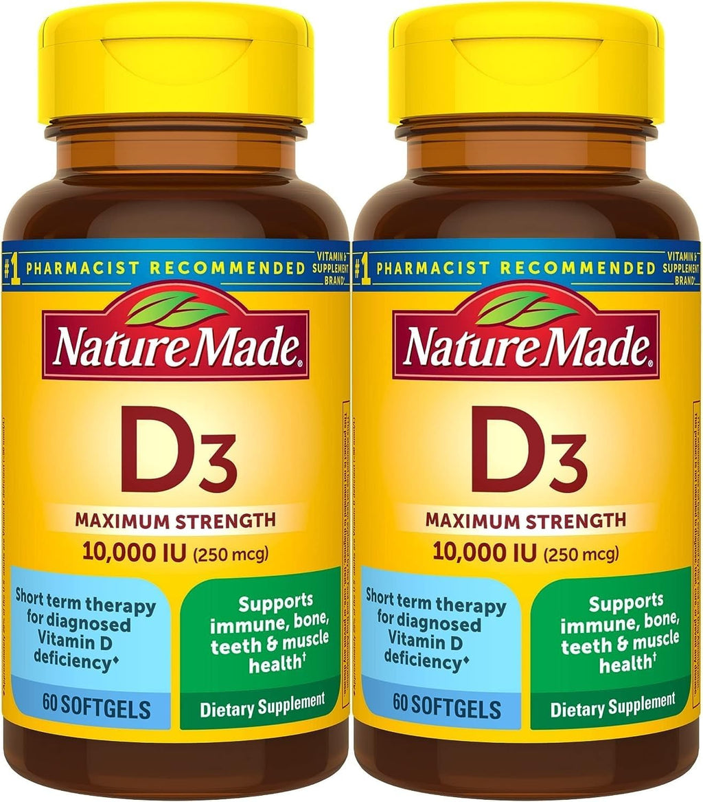 Nature Made Vitamina D3 10000 UI (250 mcg) de Máxima Potencia, 60 Cápsulas Blandas - Pack de 2