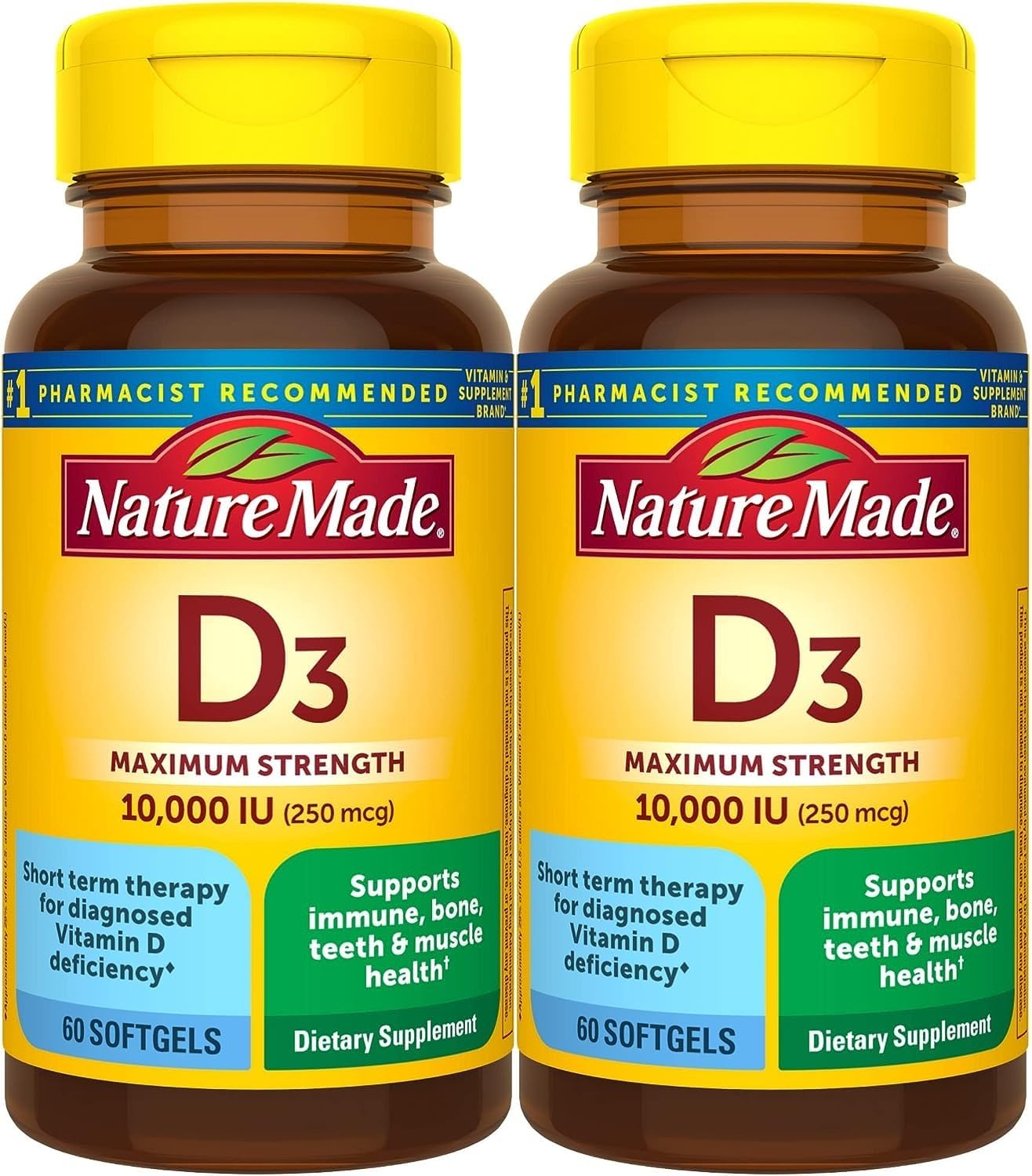 Nature Made Vitamina D3 10000 UI (250 mcg) de Máxima Potencia, 60 Cápsulas Blandas - Pack de 2