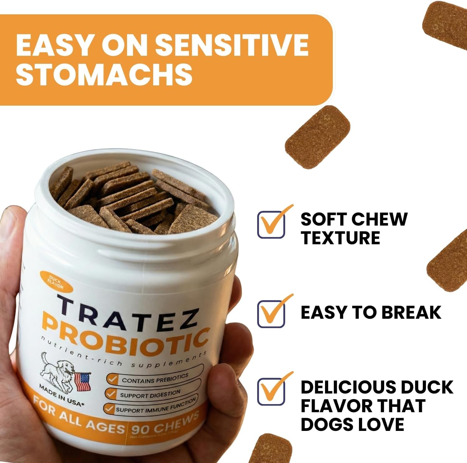 Probióticos para Perros - Bacillus Coagulans & Fibra Prebiótica - Masticables Digestivos y de Apoyo Inmunitario - Sabor a Pato - 90 Unidades