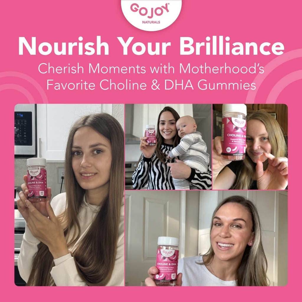 GOJOY NATURALS Gominolas prenatales con colina y DHA - Para preconcepción, embarazo y posparto - Colina bitartrato 250mg + DHA 150mg - Vegano, sin azúcar, no GMO