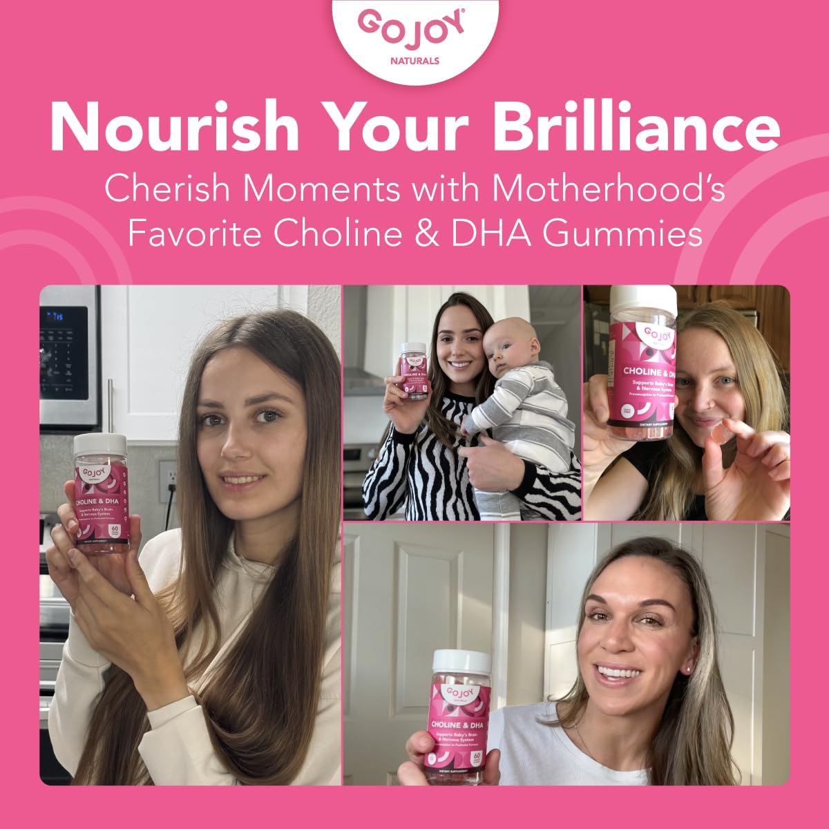 GOJOY NATURALS Gominolas prenatales con colina y DHA - Para preconcepción, embarazo y posparto - Colina bitartrato 250mg + DHA 150mg - Vegano, sin azúcar, no GMO