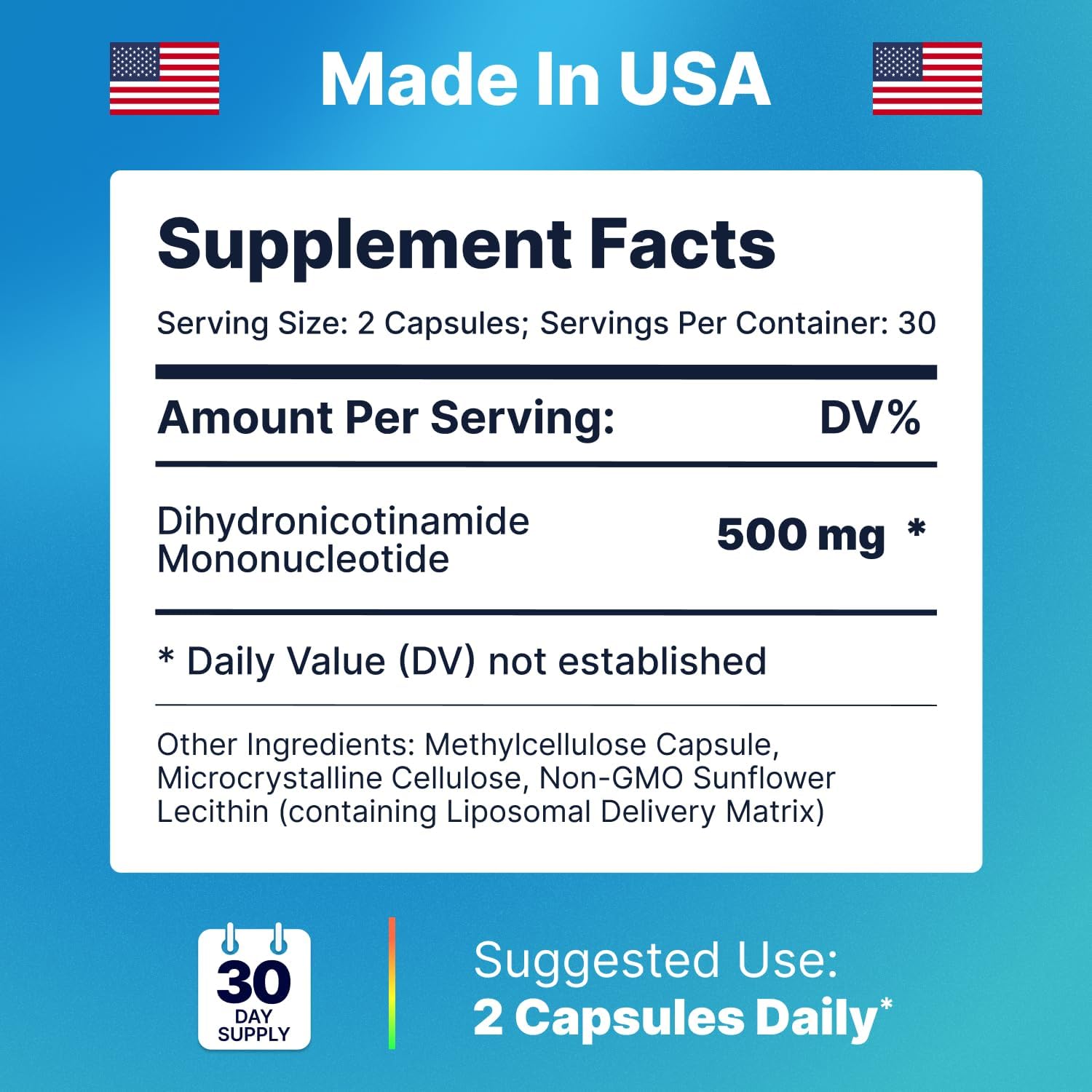 Liposomal NMNH 500 mg – Suplemento NAD+ para Mujeres y Hombres | Apoyo Antienvejecimiento Celular, Energía y Enfoque | 1 Pack (30 cápsulas)