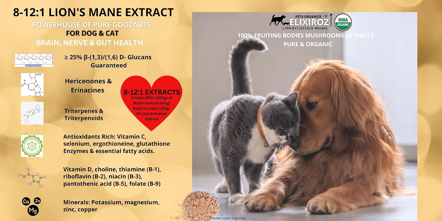 PETS ORGANICS ELIXIROZ Extracto de Melena de León para Perros y Gatos - Concentrado 8:1-12:1 - 250 Servicios