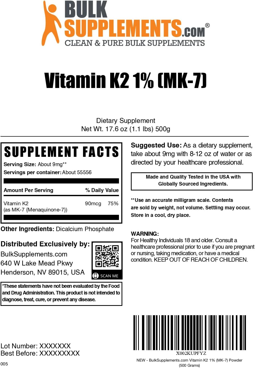 Vitamina K2 MK-7 en Polvo - 500g - BulkSupplements.com