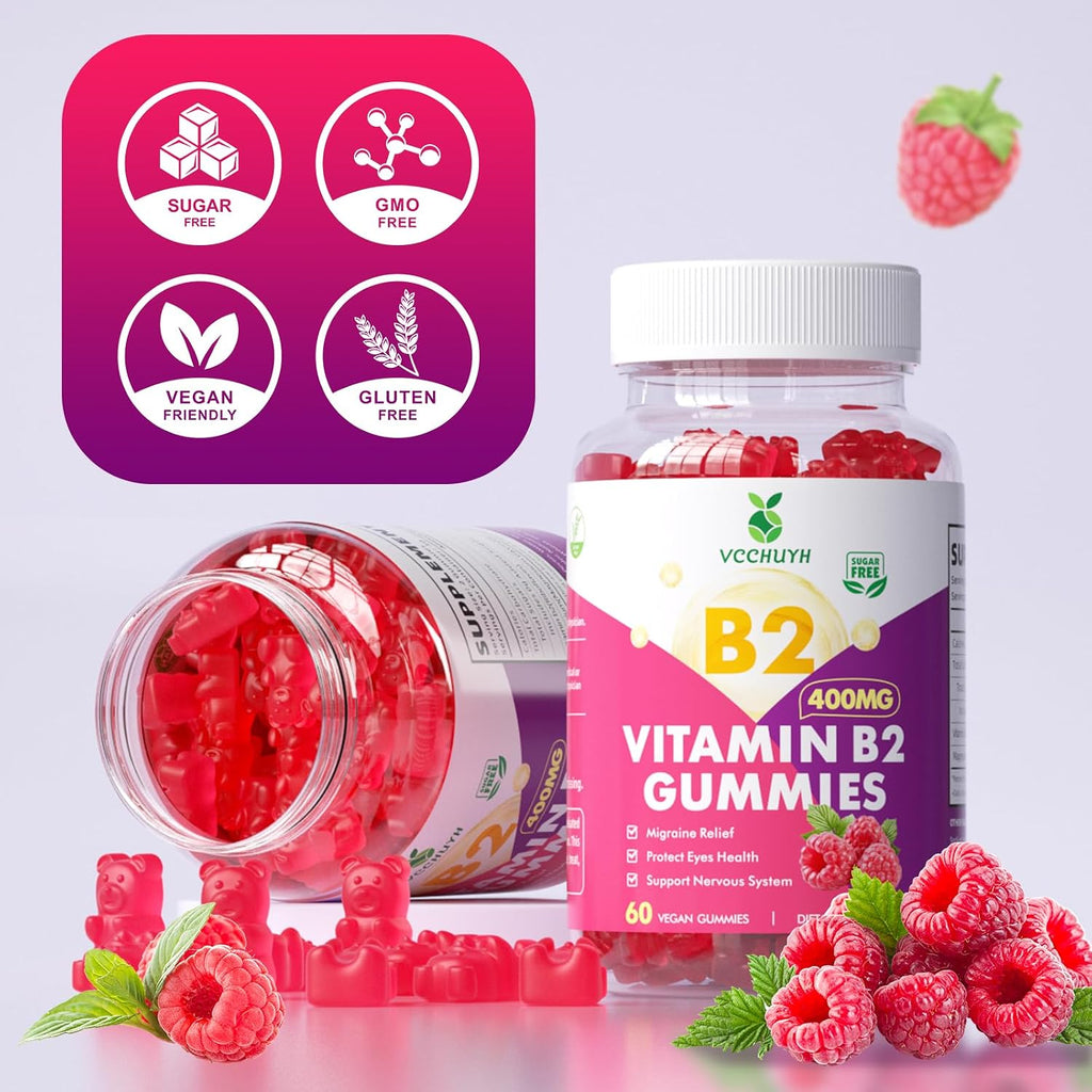VCCHUYH Gominolas de Vitamina B2 con Magnesio, 400 mg de Riboflavina, 120 unidades