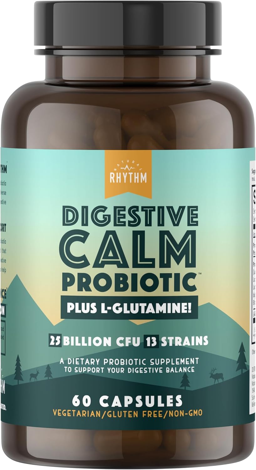 Natural Rhythm Digestive Calm Probiotic + L-Glutamine – 25B CFU, 13 Cepas, Suplemento Digestivo e Inmunitario, 60 Cápsulas Vegetarianas
