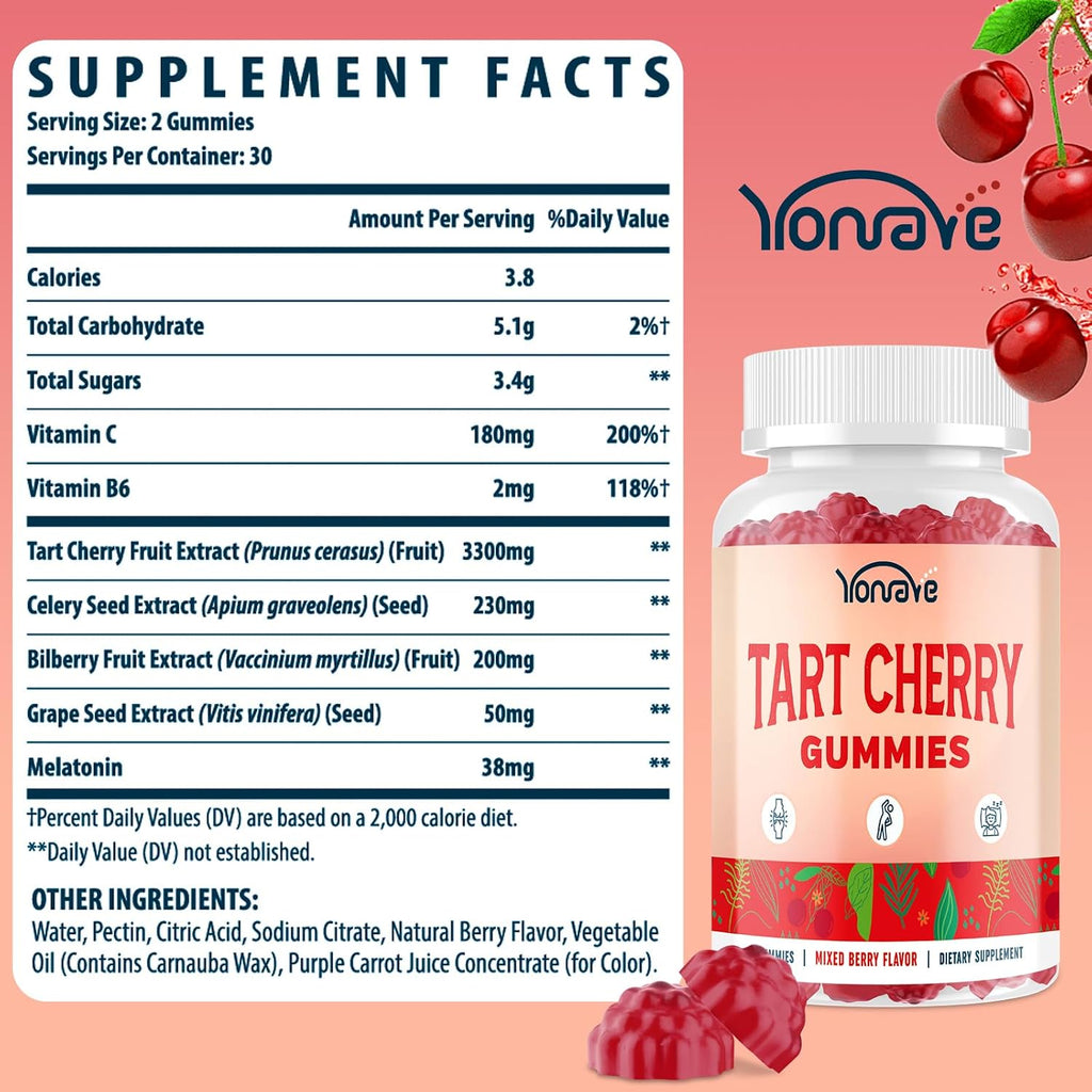 Yonrave Gominolas de Cereza Ácida – Suplemento Vegano con Vitamina C y Semilla de Apio – Sabor a Bayas Mixtas, 60 Unidades