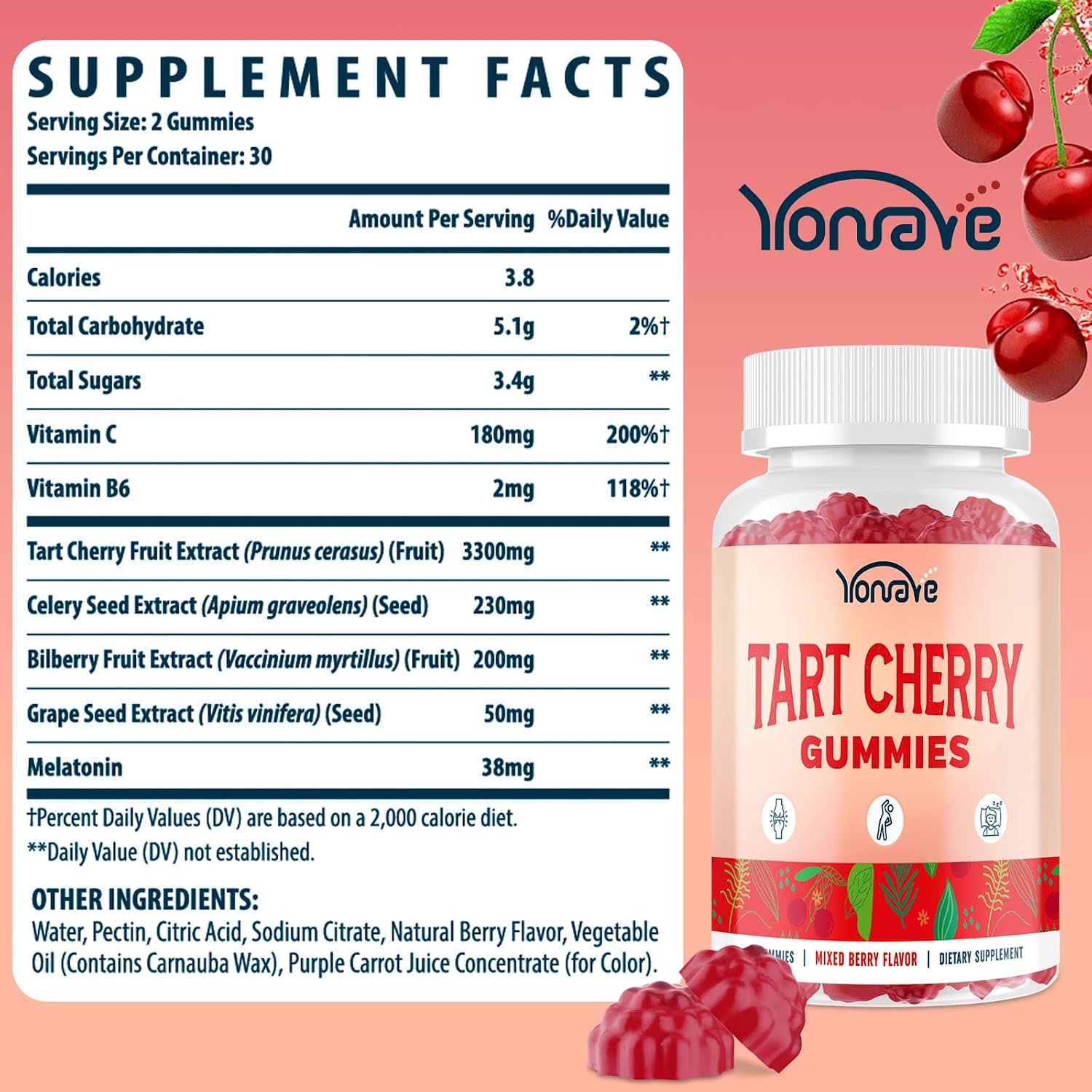 Yonrave Gominolas de Cereza Ácida – Suplemento Vegano con Vitamina C y Semilla de Apio – Sabor a Bayas Mixtas, 60 Unidades