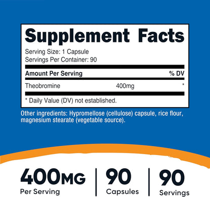 Nutricost Teobromina 400mg, 90 Cápsulas Vegetarianas - Sin Gluten, No-GMO – Image 2