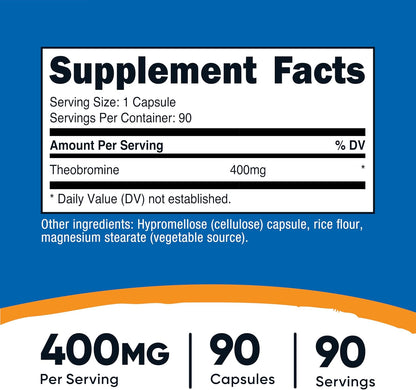 Nutricost Teobromina 400mg, 90 Cápsulas Vegetarianas - Sin Gluten, No Transgénico – Image 2