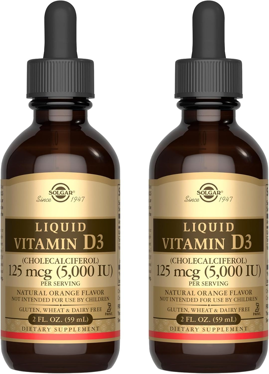 Solgar Vitamina D3 Líquida 125 mcg (5.000 UI) - 59,2 ml, paquete de 2 - Sabor Naranja Natural