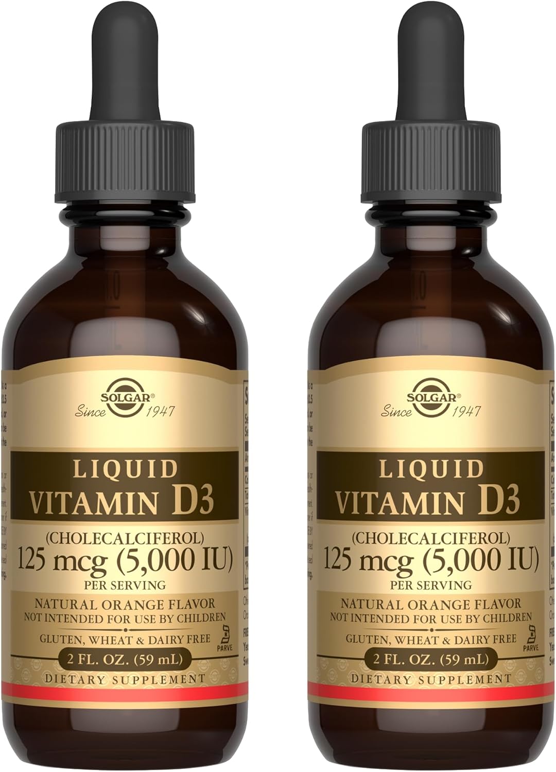 Solgar Vitamina D3 Líquida 125 mcg (5.000 UI) - 59,2 ml, paquete de 2 - Sabor Naranja Natural