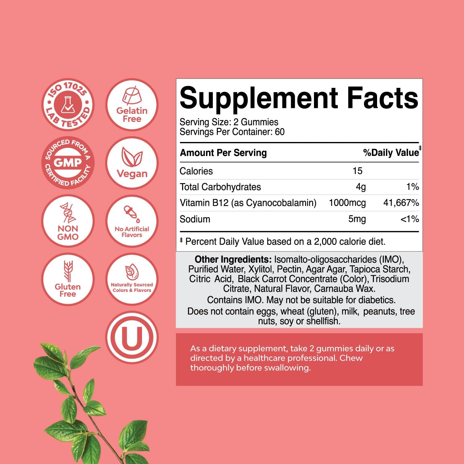 Gominolas de Vitamina B12 para Adultos - Vitamina B12 1000 mcg sin Azúcar - Apoyo Energético y Salud Nerviosa - Kosher, No-GMO, Sin Gluten - 120 unidades