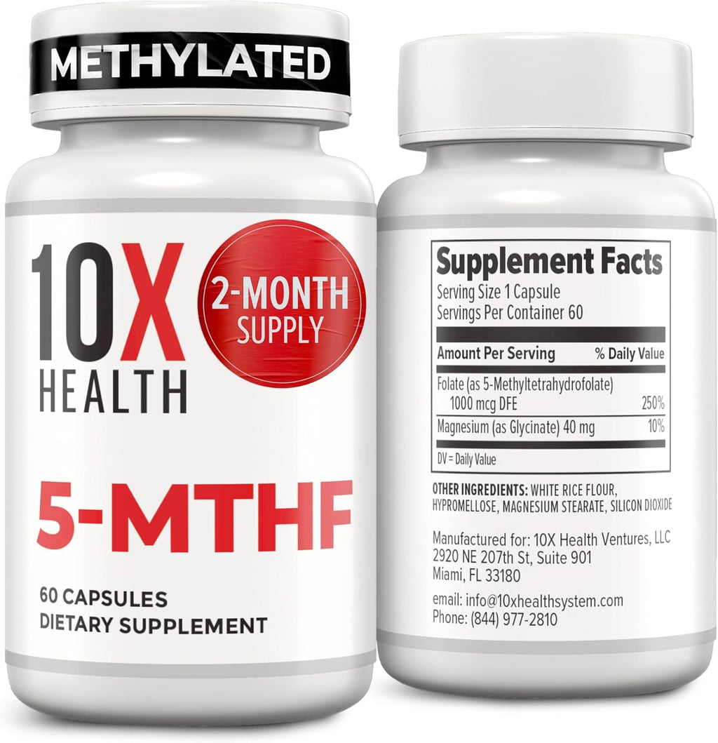 10X Health 5-MTHF Metilfolato con Magnesio - Complemento Alimenticio de Folato Metilado 60 Cápsulas