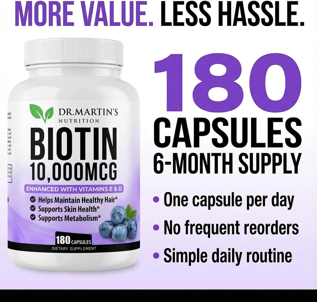 DR. MARTIN'S NUTRITION Biotina 10.000 mcg con Vitamina D3 y E, 180 Cápsulas